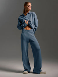 Women's Knit Set with Polo Collar Top and Wide-Leg Trousers