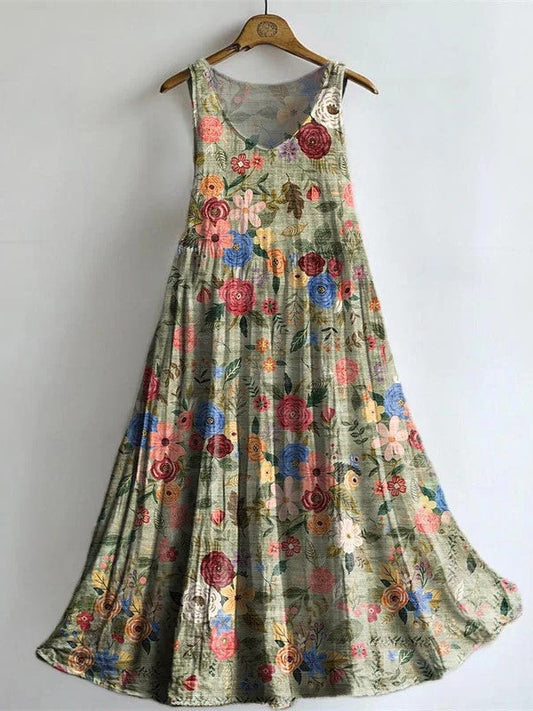 Vintage Floral-embellished Patterned Art Print V Neck Sleeveless Cotton Pocket Dress