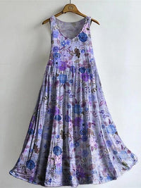 Vintage Floral-embellished Patterned Art Print V Neck Sleeveless Cotton Pocket Dress