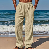 Hugo Airy Linen Trousers with Drawstring Waist and Pockets in Khaki