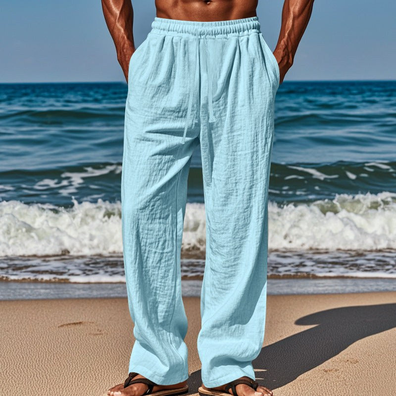 Hugo Airy Linen Trousers with Drawstring Waist and Pockets in Light Blue