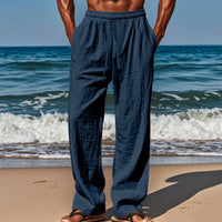 Hugo Airy Linen Trousers with Drawstring Waist and Pockets in Marinr&Blau