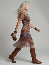 Ianthe Women's Floral Ruched Midi Dress with Side Slit in Multicolour