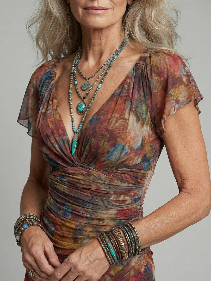 Ianthe Women's Floral Ruched Midi Dress with Side Slit in Multicolour
