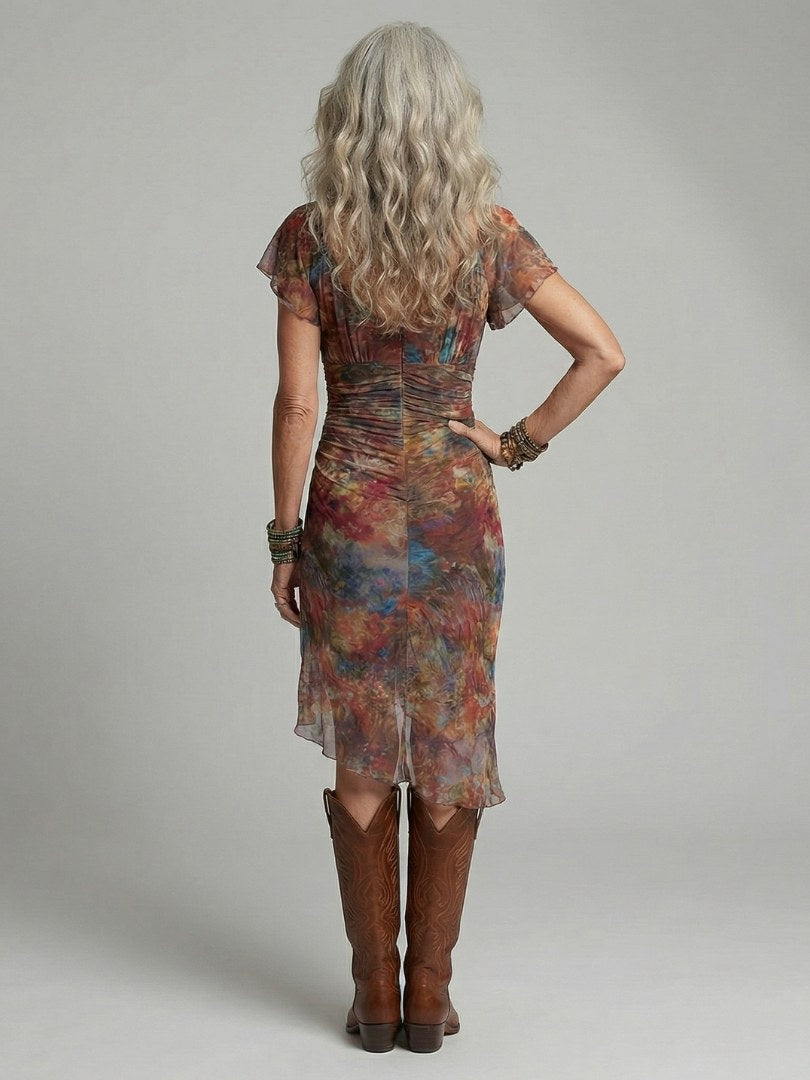 Ianthe Women's Floral Ruched Midi Dress with Side Slit in Multicolour
