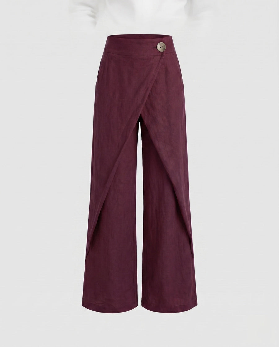 Ida Casual Linen Trousers in Wine Red