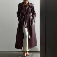 Ida Elegant Leather Trench Coat with Pockets and Belted in Dark Red