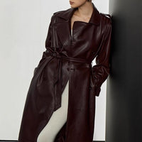 Ida Elegant Leather Trench Coat with Pockets and Belted in Dark Red
