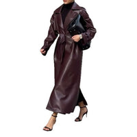 Ida Elegant Leather Trench Coat with Pockets and Belted in Dark Red