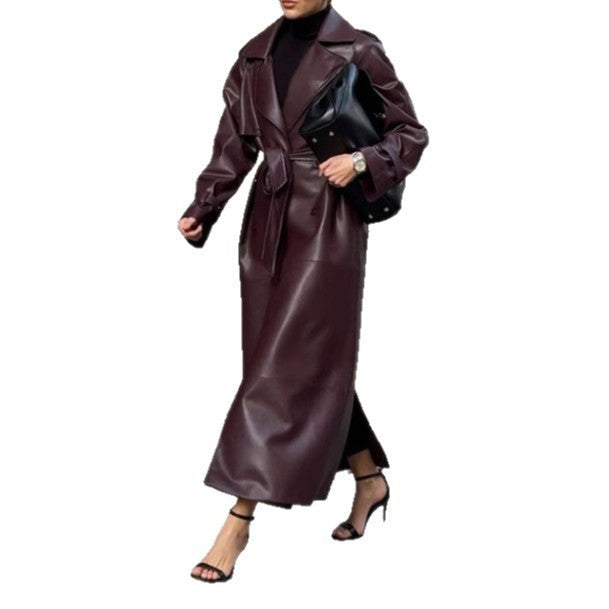Ida Elegant Leather Trench Coat with Pockets and Belted in Dark Red