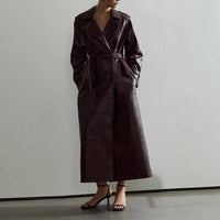 Ida Elegant Leather Trench Coat with Pockets and Belted in Dark Red