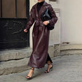 Ida Elegant Leather Trench Coat with Pockets and Belted