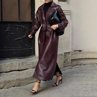 Ida Elegant Leather Trench Coat with Pockets and Belted