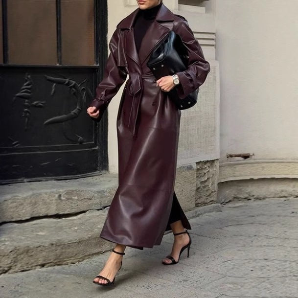 Ida Elegant Leather Trench Coat with Pockets and Belted