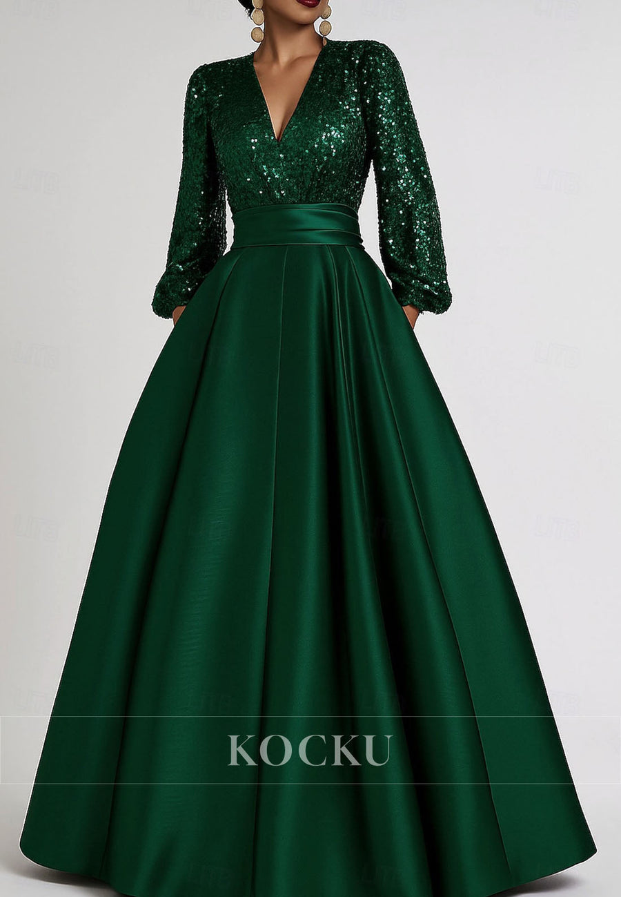 A-Line Floor Length Evening Gown Long Sleeve V Neck Pocket Satin Sequined Mother of the Bride Dress