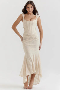 Numida | Square Neck Corset Maxi Dress in Beige