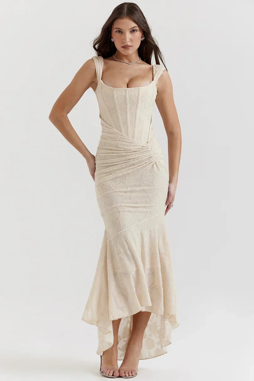 Numida | Square Neck Corset Maxi Dress in Beige