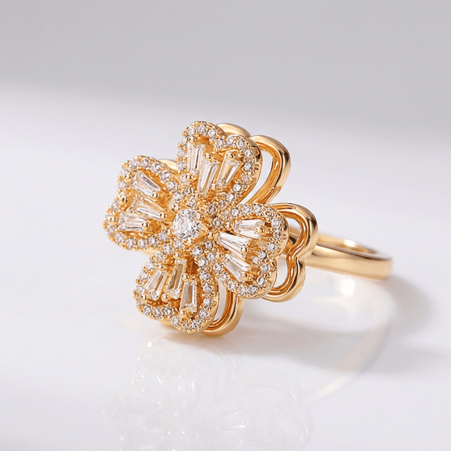 Baguette Zirconia Rotating Flower Ring - (Adjustable) in Gold