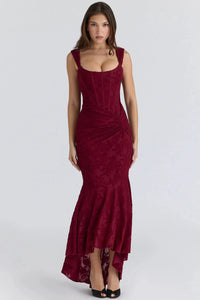 Numida | Square Neck Corset Maxi Dress in Red