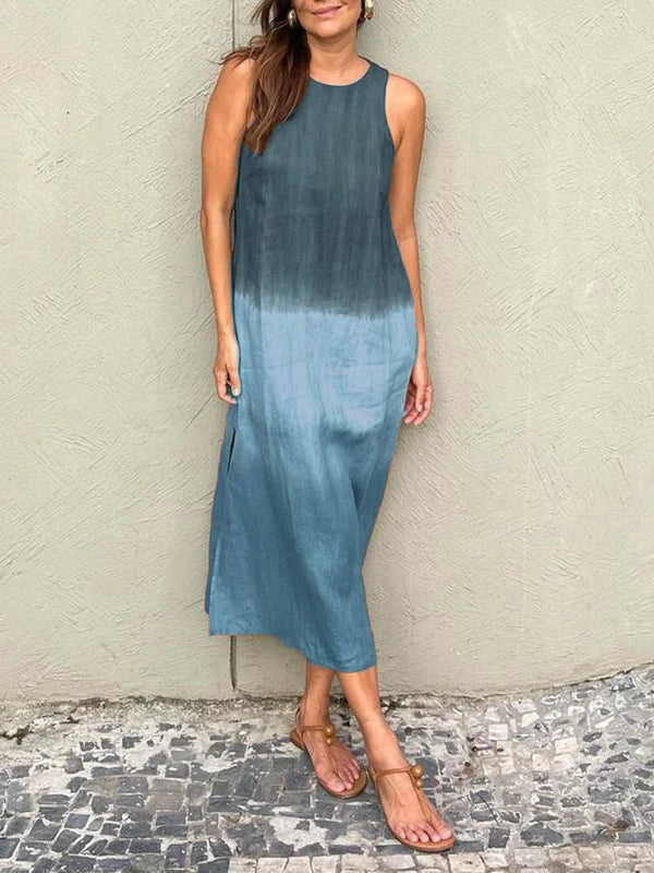 Imogen Airy Linen Dress with Side Split in Blue