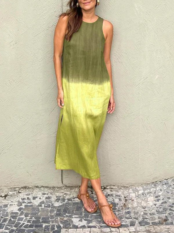 Imogen Airy Linen Dress with Side Split in Green