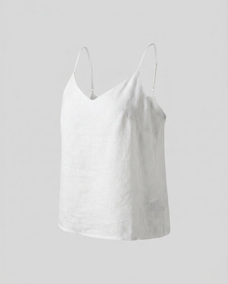 Imogen Airy Linen Top with V-Neck in White