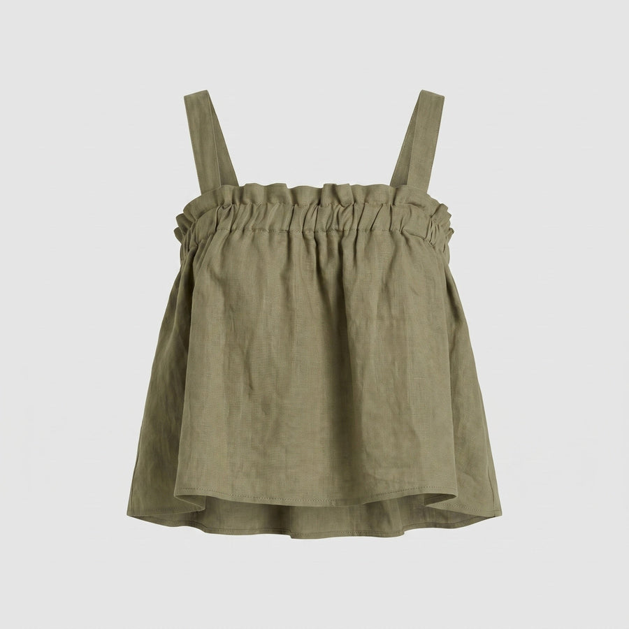 India Airy Linen Top with Ruffles in Olive Green