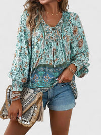 Indie Women's Boho V-Neck Lace-Up Blouse Long Sleeve Print in Blue