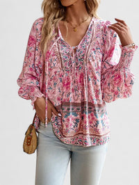 Indie Women's Boho V-Neck Lace-Up Blouse Long Sleeve Print in Navy Blue