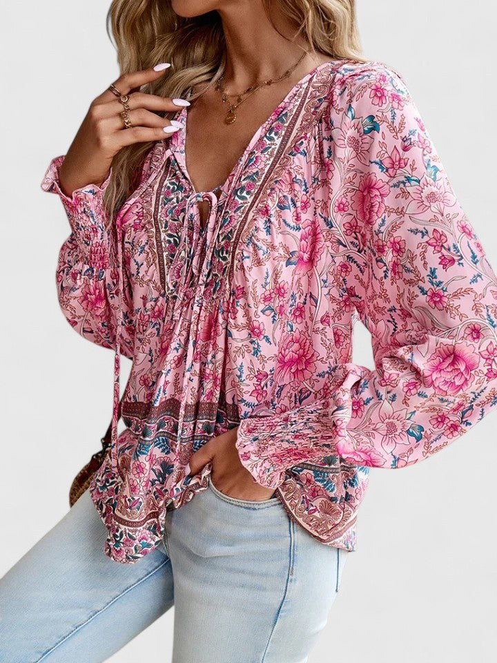 Indie Women's Boho V-Neck Lace-Up Blouse Long Sleeve Print in Pink