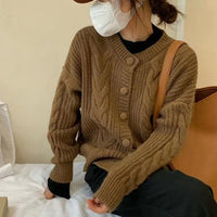 Ines Elegant Knit Sweater with Button Front in Brown