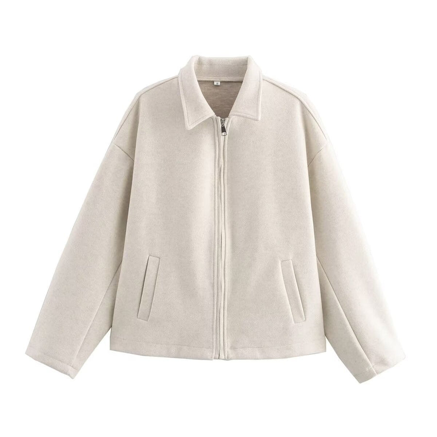 Ingrid Casual Jacket with Zip Front and Pockets in Beige