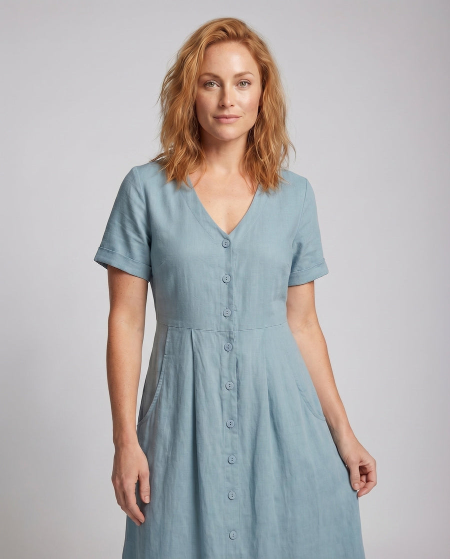 Irene Linen Blend Dress with V-Neck and Side Pockets