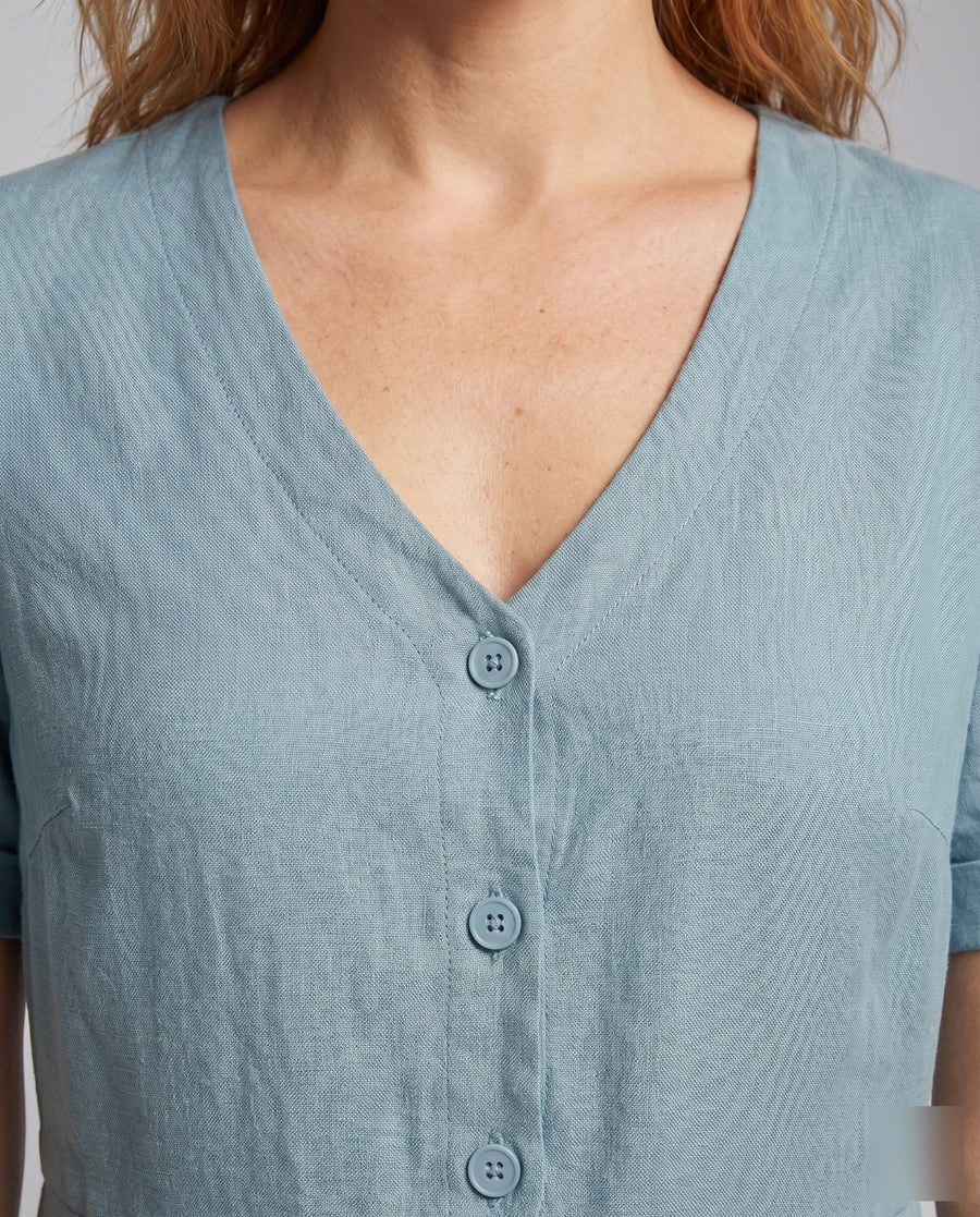 Irene Linen Blend Dress with V-Neck and Side Pockets