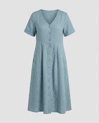 Irene Linen Blend Dress with V-Neck and Side Pockets in Blue