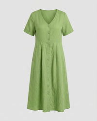 Irene Linen Blend Dress with V-Neck and Side Pockets in Green