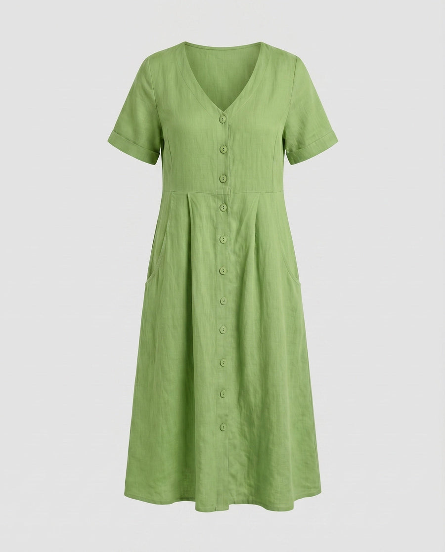 Irene Linen Blend Dress with V-Neck and Side Pockets in Green