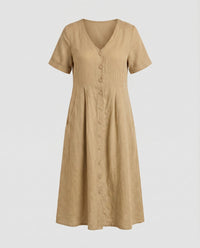 Irene Linen Blend Dress with V-Neck and Side Pockets in Khaki
