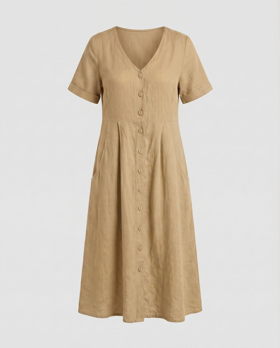 Irene Linen Blend Dress with V-Neck and Side Pockets in Khaki