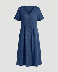 Irene Linen Blend Dress with V-Neck and Side Pockets in Navy