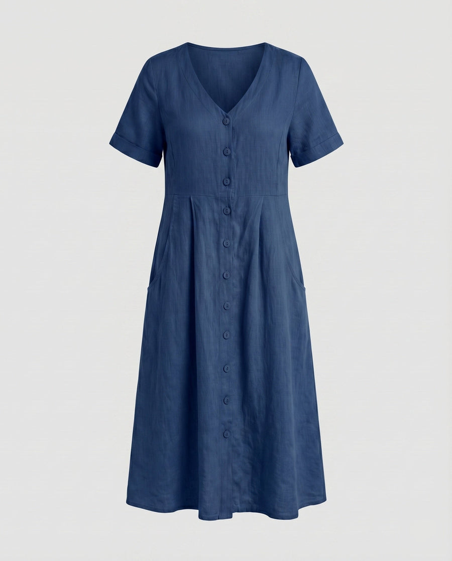 Irene Linen Blend Dress with V-Neck and Side Pockets in Navy