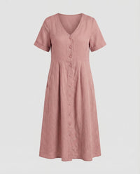 Irene Linen Blend Dress with V-Neck and Side Pockets in Pink