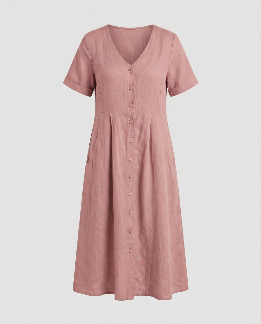 Irene Linen Blend Dress with V-Neck and Side Pockets in Pink