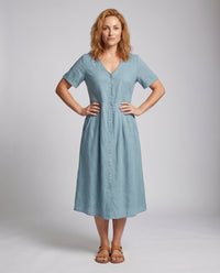 Irene Linen Blend Dress with V-Neck and Side Pockets