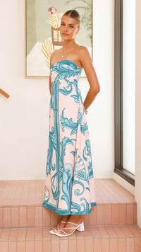 Iris Vintage Printed Long Tube Dress in Light Blue