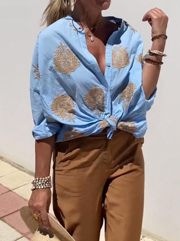Isabeau Relaxed Linen Shirt with Long Sleeve and Button Front