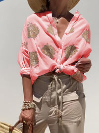 Isabeau Relaxed Linen Shirt with Long Sleeve and Button Front in Korallenrot