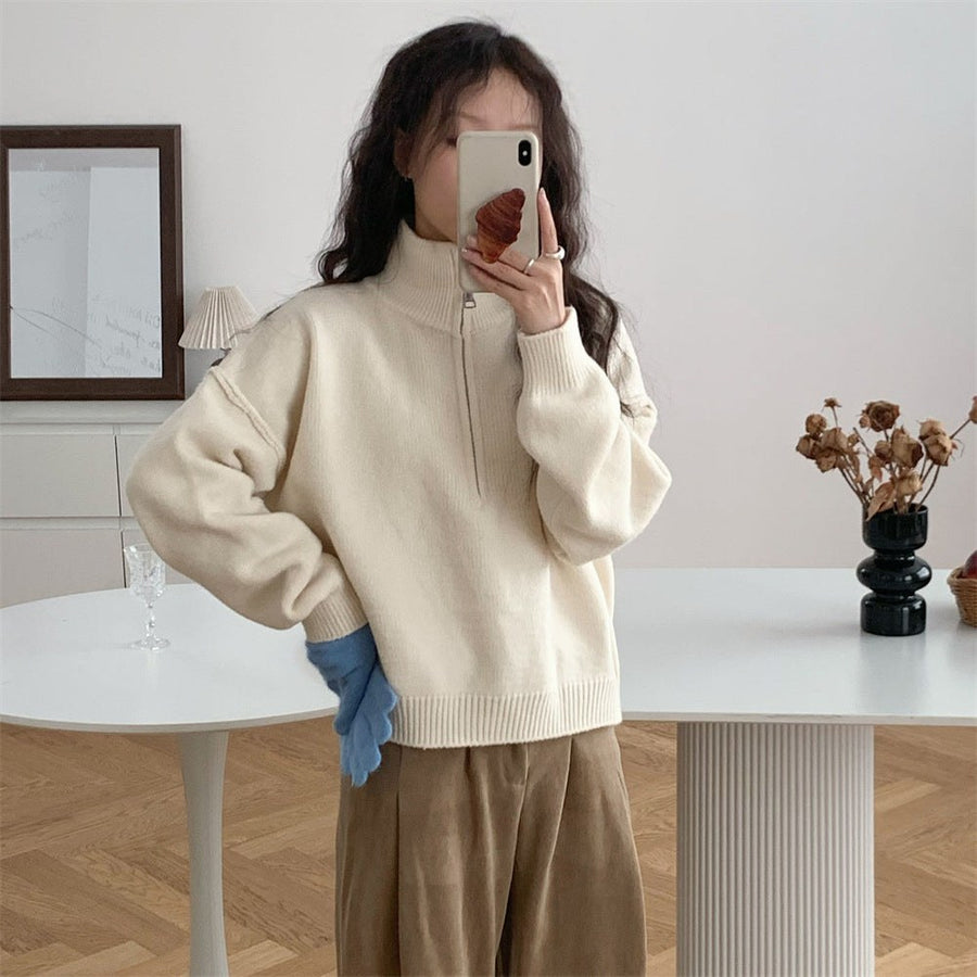 Isabeau Sweater with Stand Collar and Zip Front in Cream