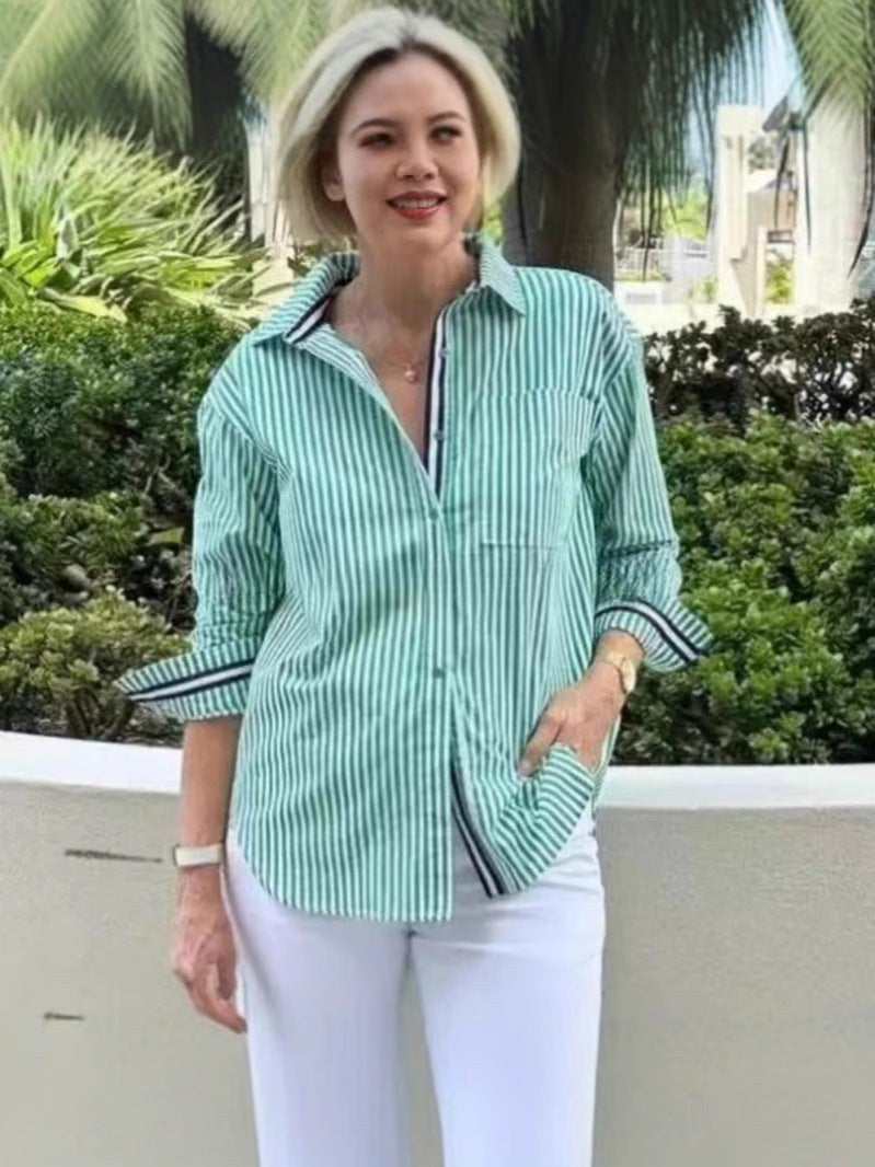 Isadora Blouse with Long Sleeve and Button Front in Green
