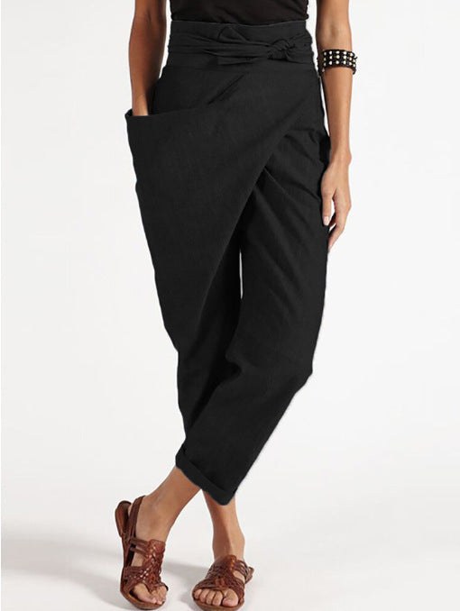 Isadora Casual Linen Harem Trousers with Elastic Waist in Black
